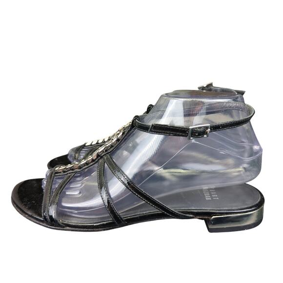 Stuart Weitzman Gladiator Strap Sandals Black Leather Silver Chain Women's 8 - Picture 2 of 7